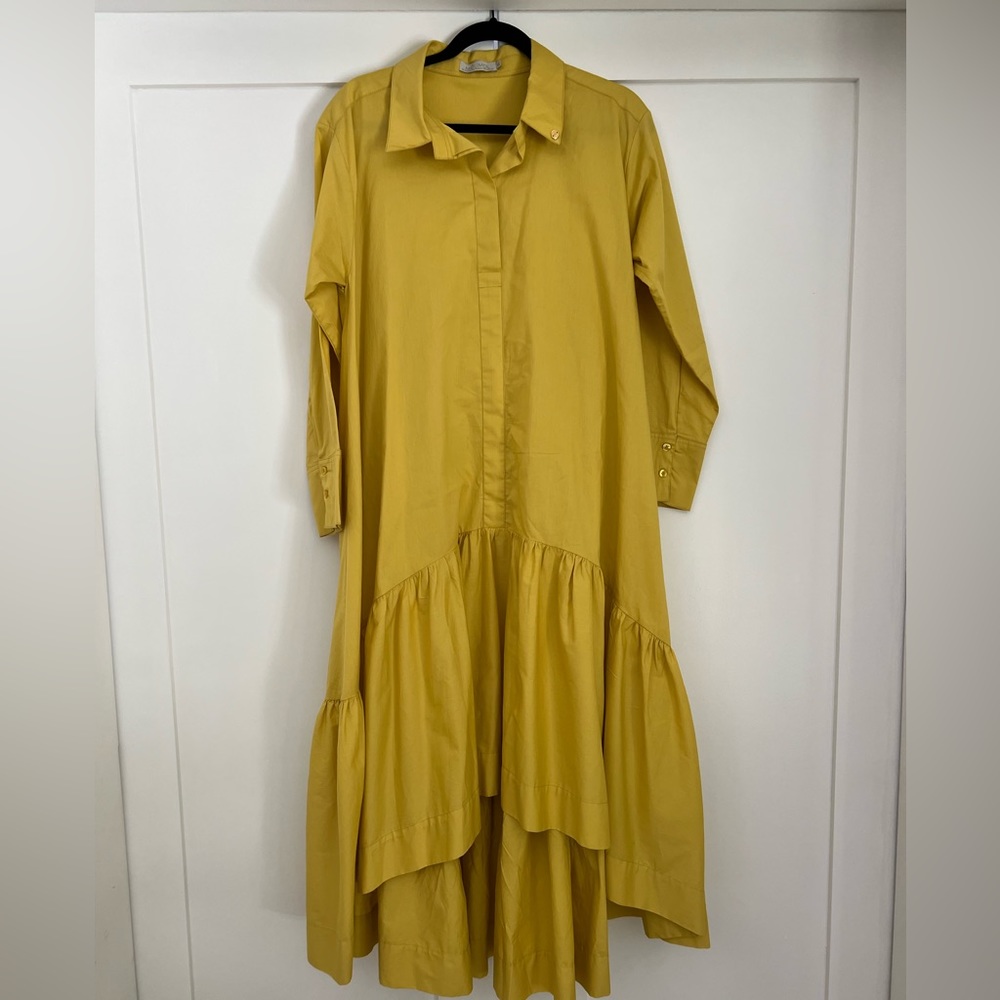 Chartreuse yellow Colombian designer ruffle collared dress